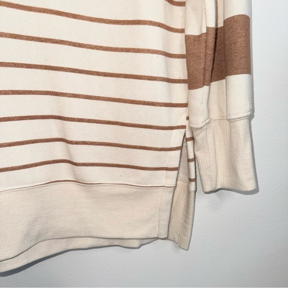 Maurices Sweatshirt Cream & Brown Stripe V-neck Hooded Oversized Medium Women’s - Picture 6 of 11